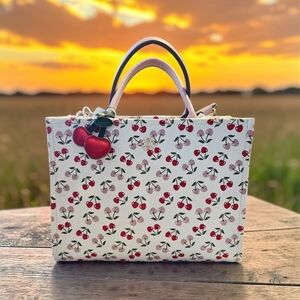 NEW Nanette Lapore Convertible Satchel Bag Cherry Motif & Bag Charm 13"x10"x4"